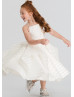 Ivory Striped Organza Tea Length Flower Girl Dress